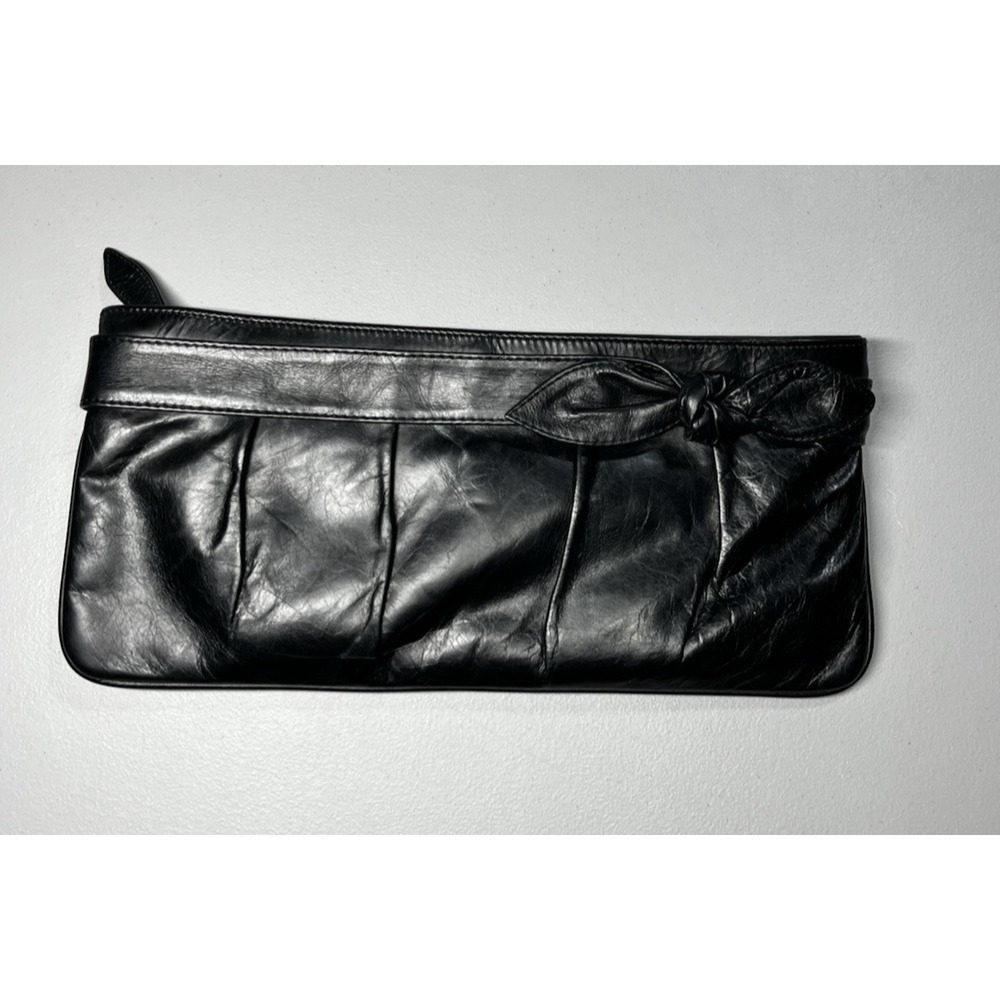 Kooba Black Leather Clutch Womens Evening Purse Handbag Zip Top Pleated with Bow